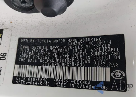 2014 Toyota Corolla Le from USA, damaged, VIN 2T1BURHE9EC185633